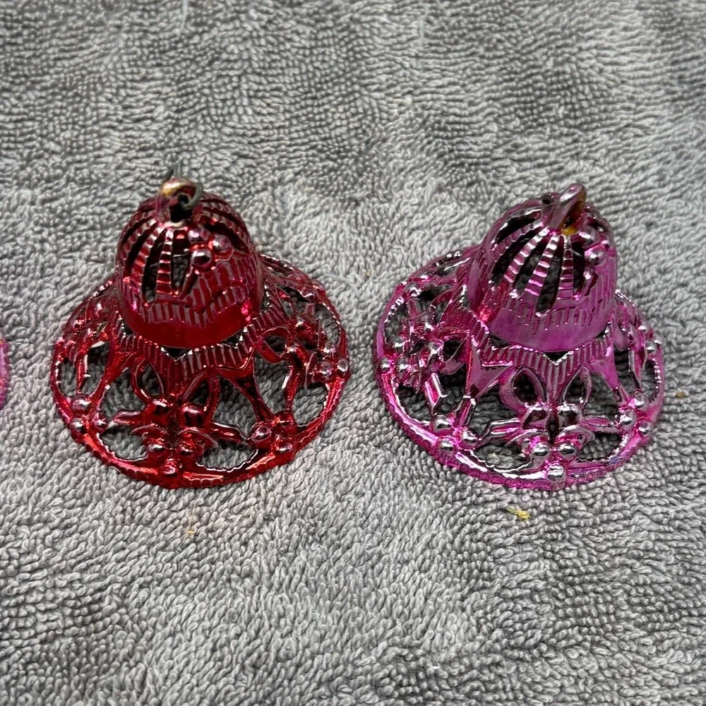 Vintage MCM Plastic Filigree Bell Christmas Ornaments Red Green Pink Lot of 4